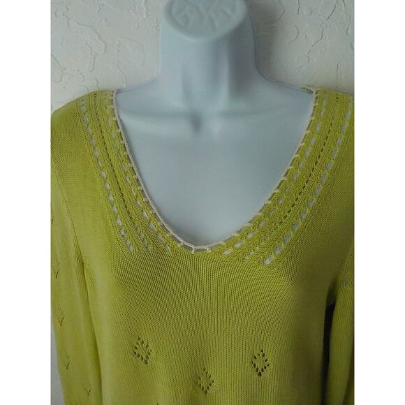 Sigrid Olsen Green Silk Knit V-Neck Sweater Crochet n Ribbon Accent Women Small - Picture 6 of 12